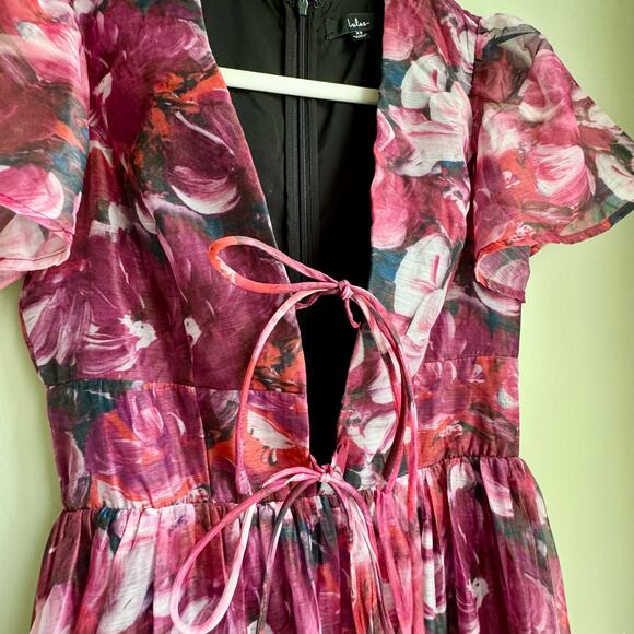 Lulus RSVP Magenta Floral Organza Tie-Front Midi Dress XS Cocktail Semi Formal - Picture 4 of 8